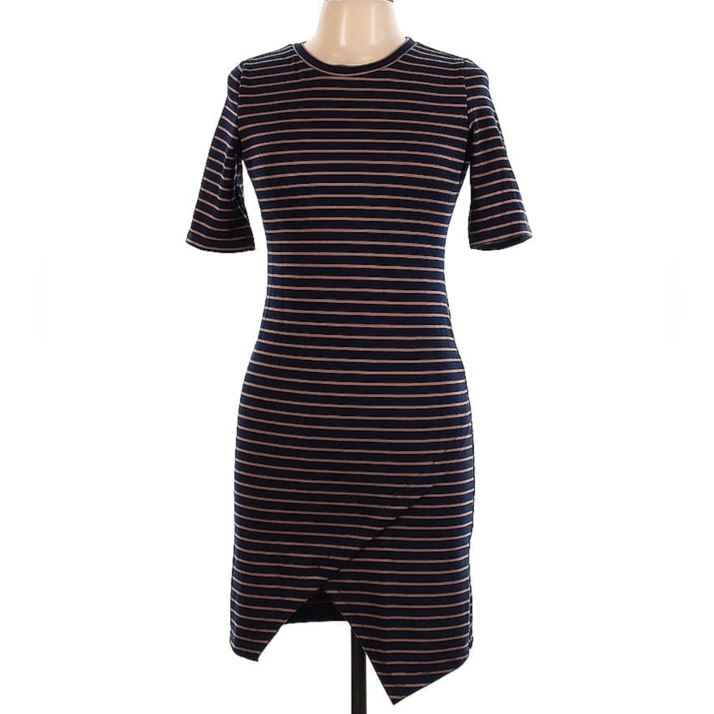 Popular Basics Asymmetric Hem T-Shirt Dress, L, Blue and Tan Stripes, Form Fit